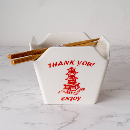 Ceramic "Chinese Takeout Box" Serving Bowl With Chopsticks