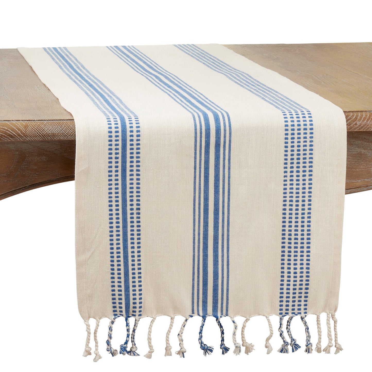 Striped Runner. Navy Blue and Cream Woven with Tassels
