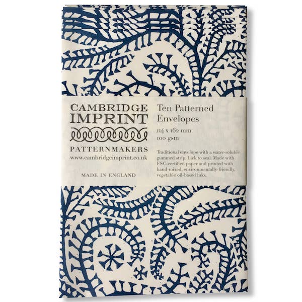 Packet of Ten Patterned Envelopes Seaweed Paisley Prussian Blue