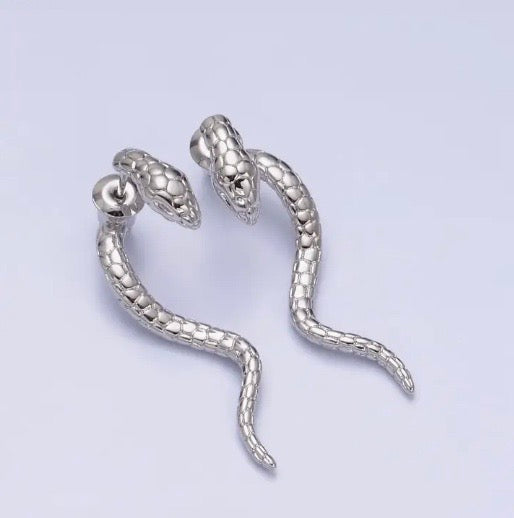 Snake Serpent Wavy Drop (front and back) Stud Earrings, 16K White Gold Filled