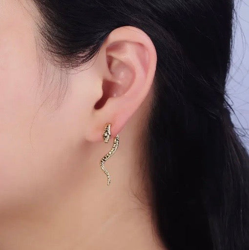 Snake Serpent Wavy Drop (front and back) Stud Earrings, 16K White Gold Filled