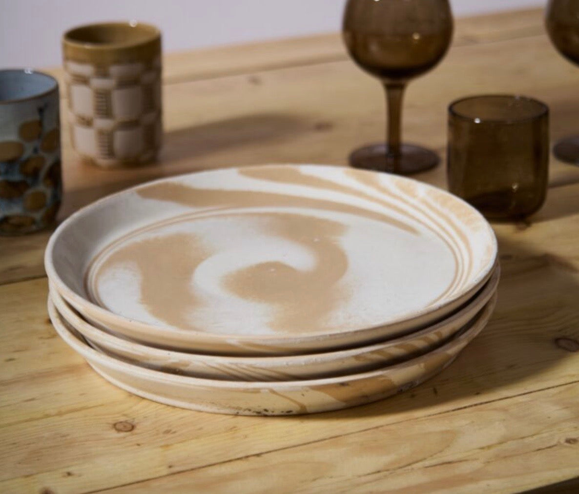 Marbled Charger or Plate, Ceramic, Tan or Dark Brown