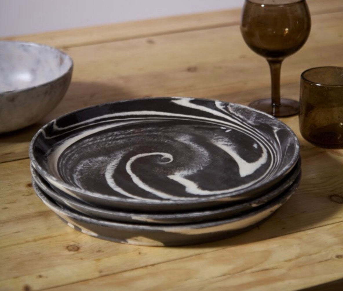 Marbled Charger or Plate, Ceramic, Tan or Dark Brown