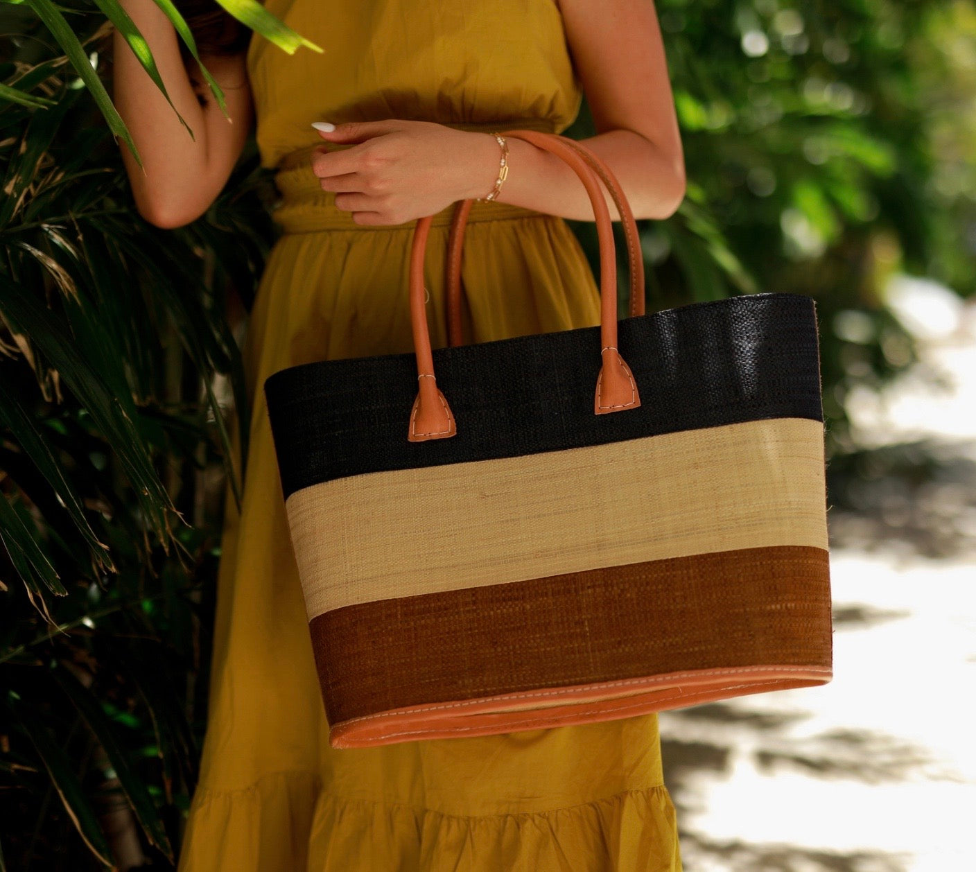 Santorini Stripe Color Block Woven Basket Bag Small