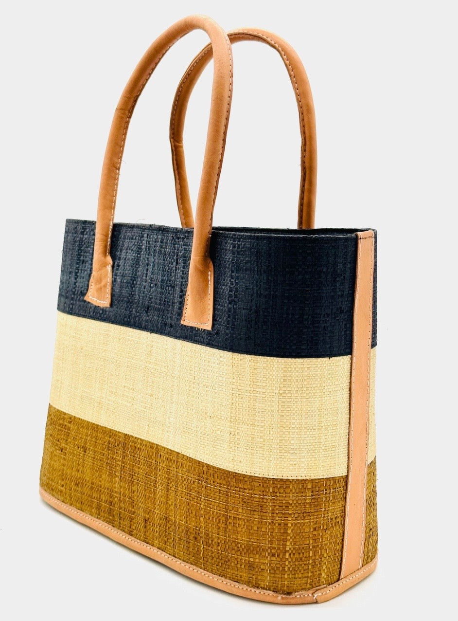 Santorini Stripe Color Block Woven Basket Bag Small