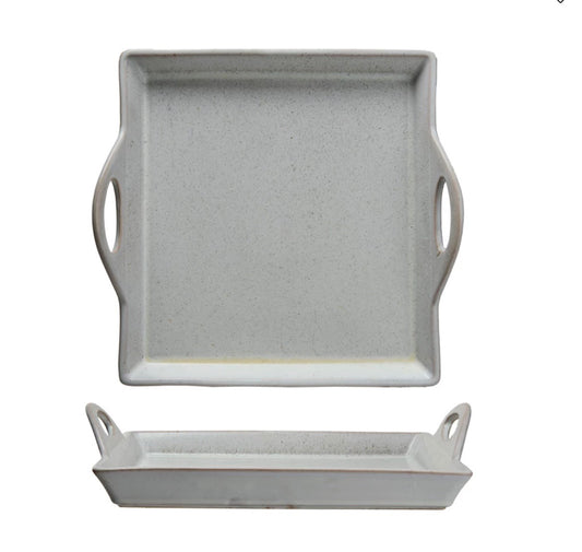 Stoneware Tray w/ Handles, Antique White