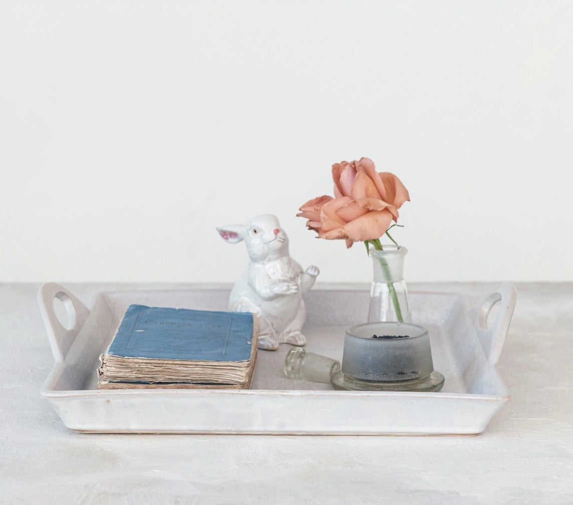 Stoneware Tray w/ Handles, Antique White