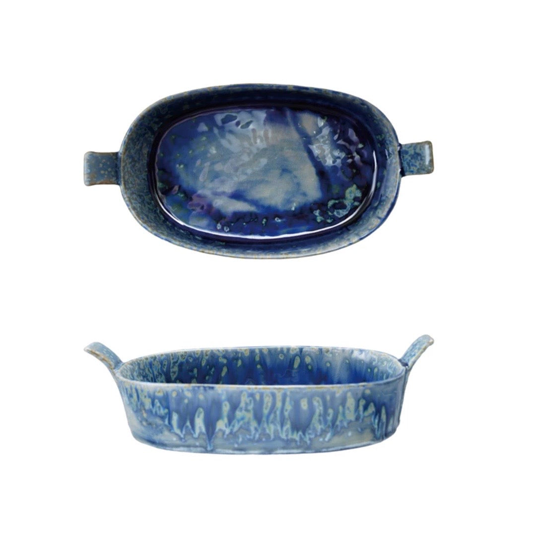 Small Blue Baker Dish with Handles, 2 Cup, Blue Stoneware