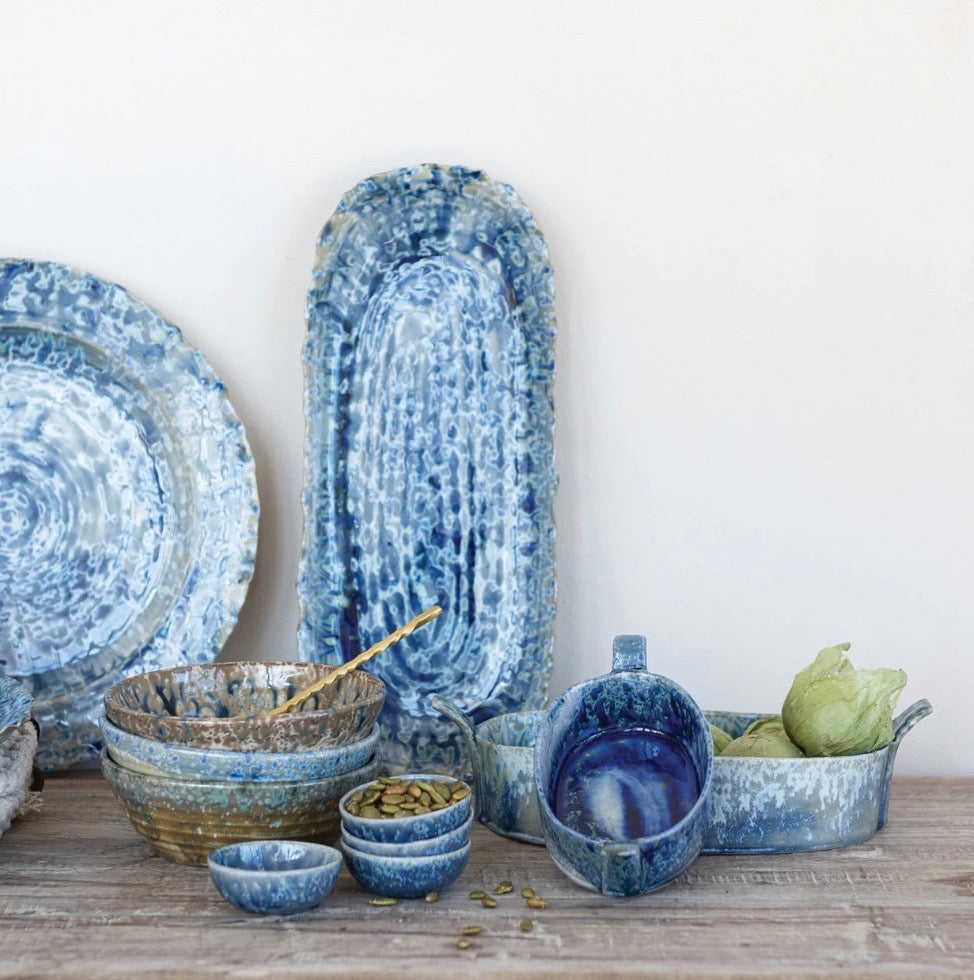 Oval Blue Serving Plate, Stoneware, Reactive Glaze, 13"