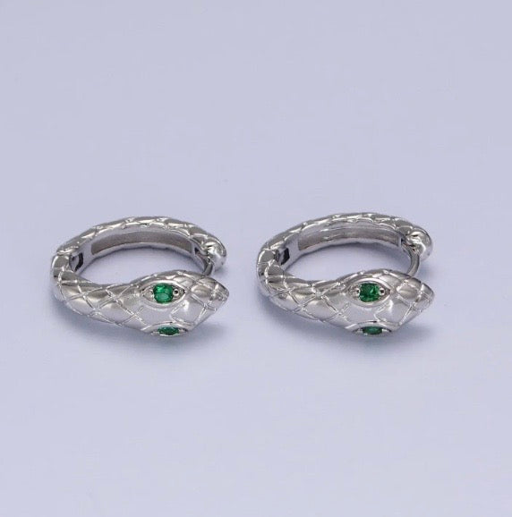 Snake Head Emerald Green Zirconia Eye Hoops-Snake CZ Earring (not huggies)