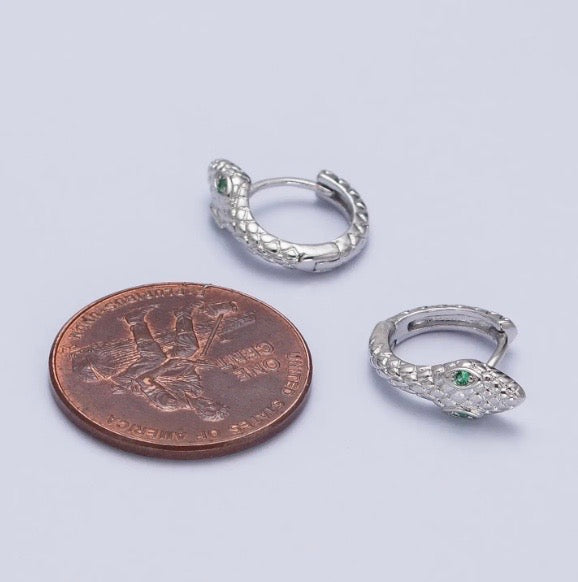 Super Mini Snake Huggie Hoops with Green Eyes, 14K Gold Filled, Made in LA