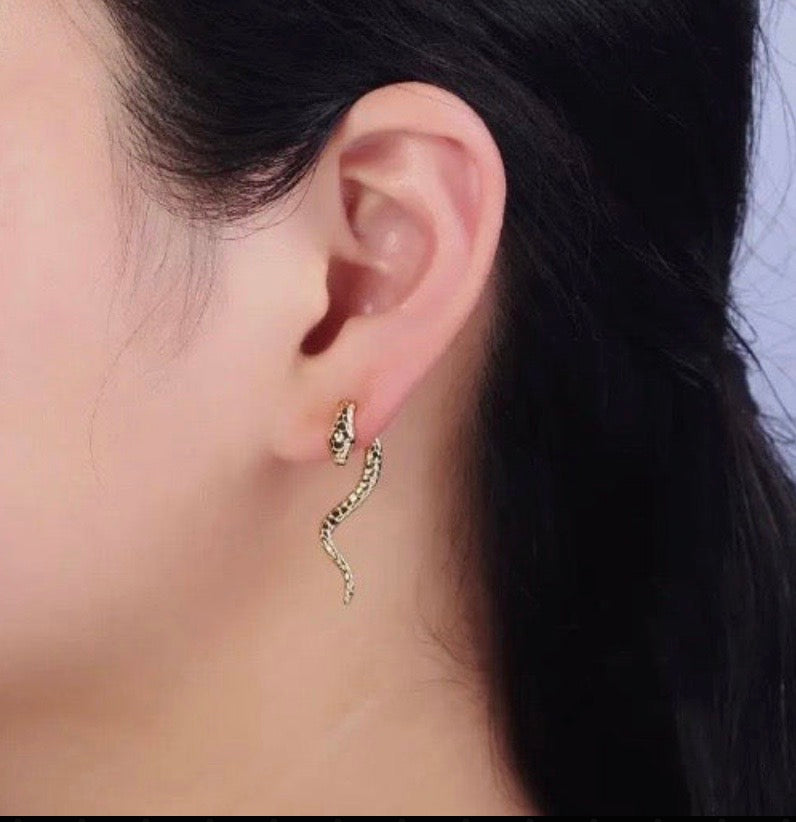 Serpent Wavy Drop Stud (front and back) Earrings, 16K Gold Filled
