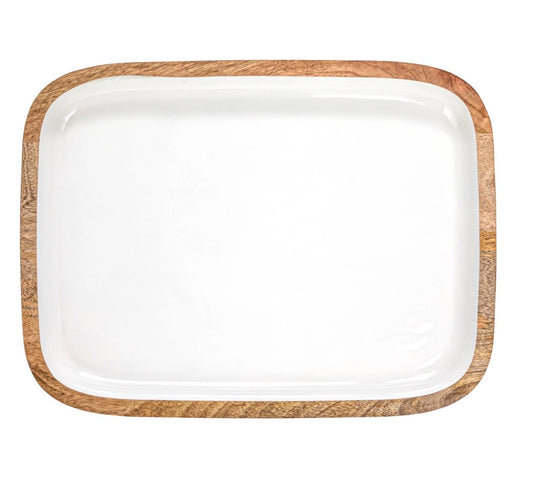 White Enamel Rectangle Tray 16" x 12", Mango Wood