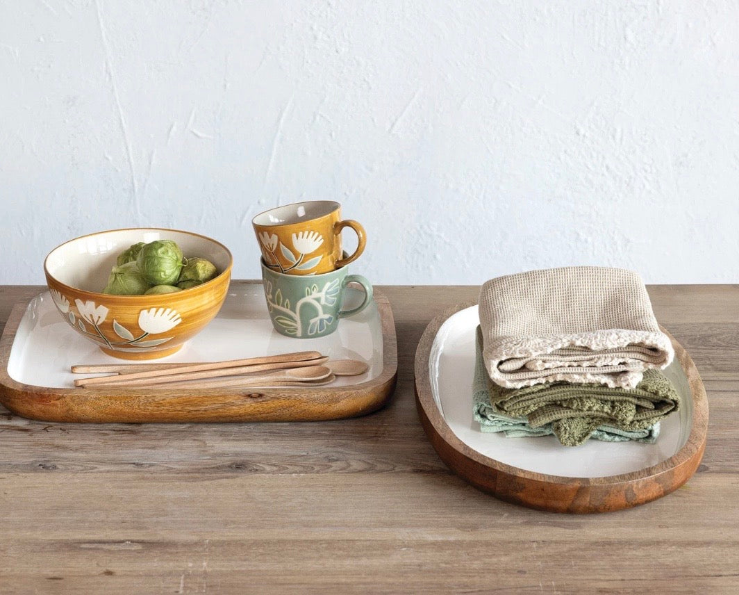 White Enamel Rectangle Tray 16" x 12", Mango Wood