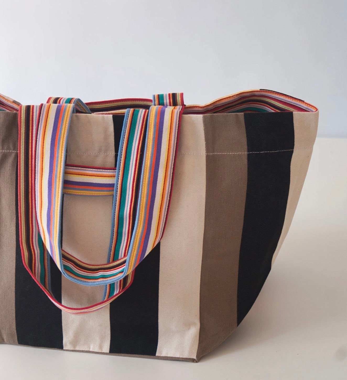 Carthage Stripe Taupe XXL Tote Bag, Classic French Stripe Cotton