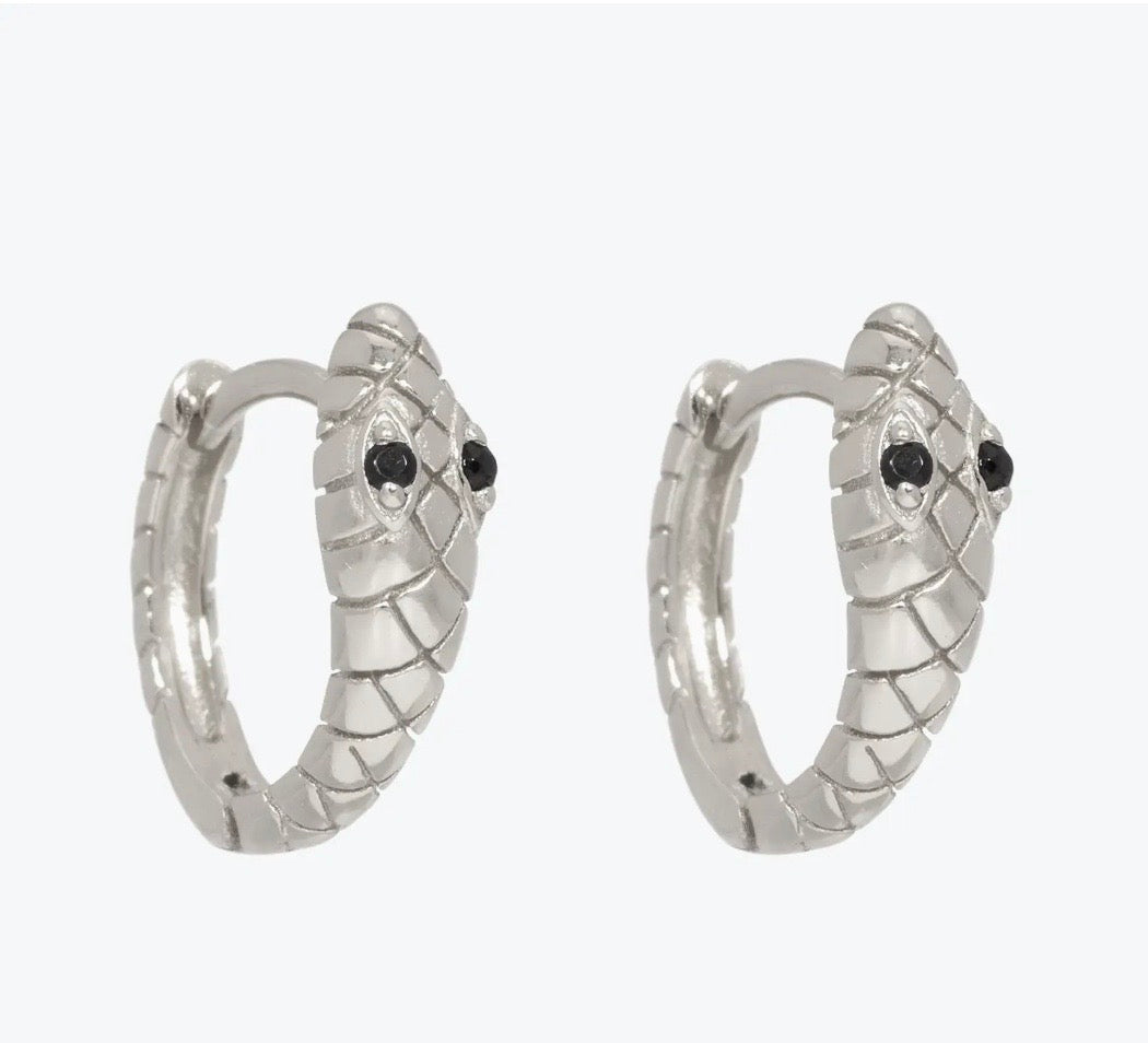 Snake Huggie Blue Black Eye Earrings, 18kt Gold Plating over Sterling Silver