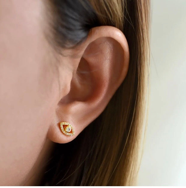 Minimalist Evil Eye CZ Stud Earrings - Gold or White Rhodium