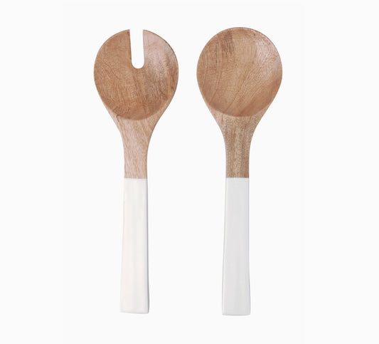 Mango Wood and White Dip Handle Enamel Serving Set 14"