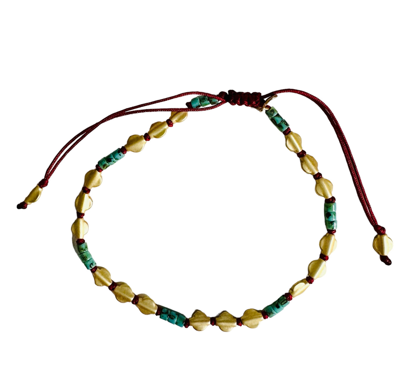 Bead Bracelet Miyuki Turquoise Beads, Vintage Large Flat Gold Bead Disks, with Red Cord Details and Adjuster