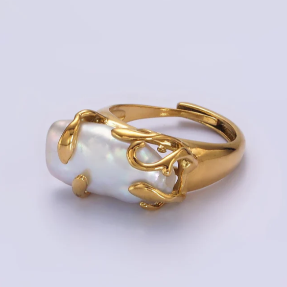 Gold Filled Brass Baroque Style Freshwater Pearl Molten Ring
