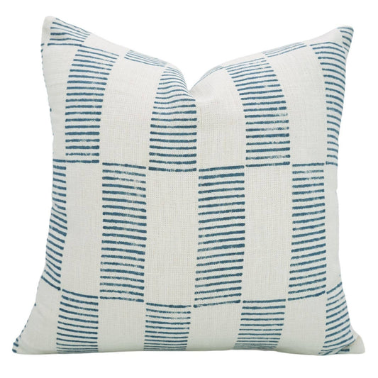 Pillow, Blue Modern Pattern, Hand Block Print Off White Linen, Various Sizes
