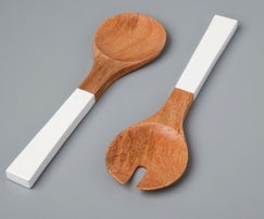 Mango Wood and White Dip Handle Enamel Serving Set 14"