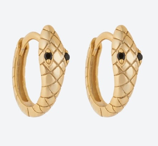 Snake Huggie Blue Black Eye Earrings, 18kt Gold Plating over Sterling Silver