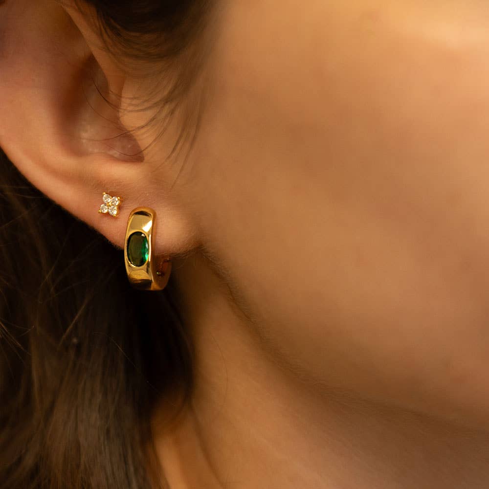 Crystal Clover Flower Stud Earrings, Emerald