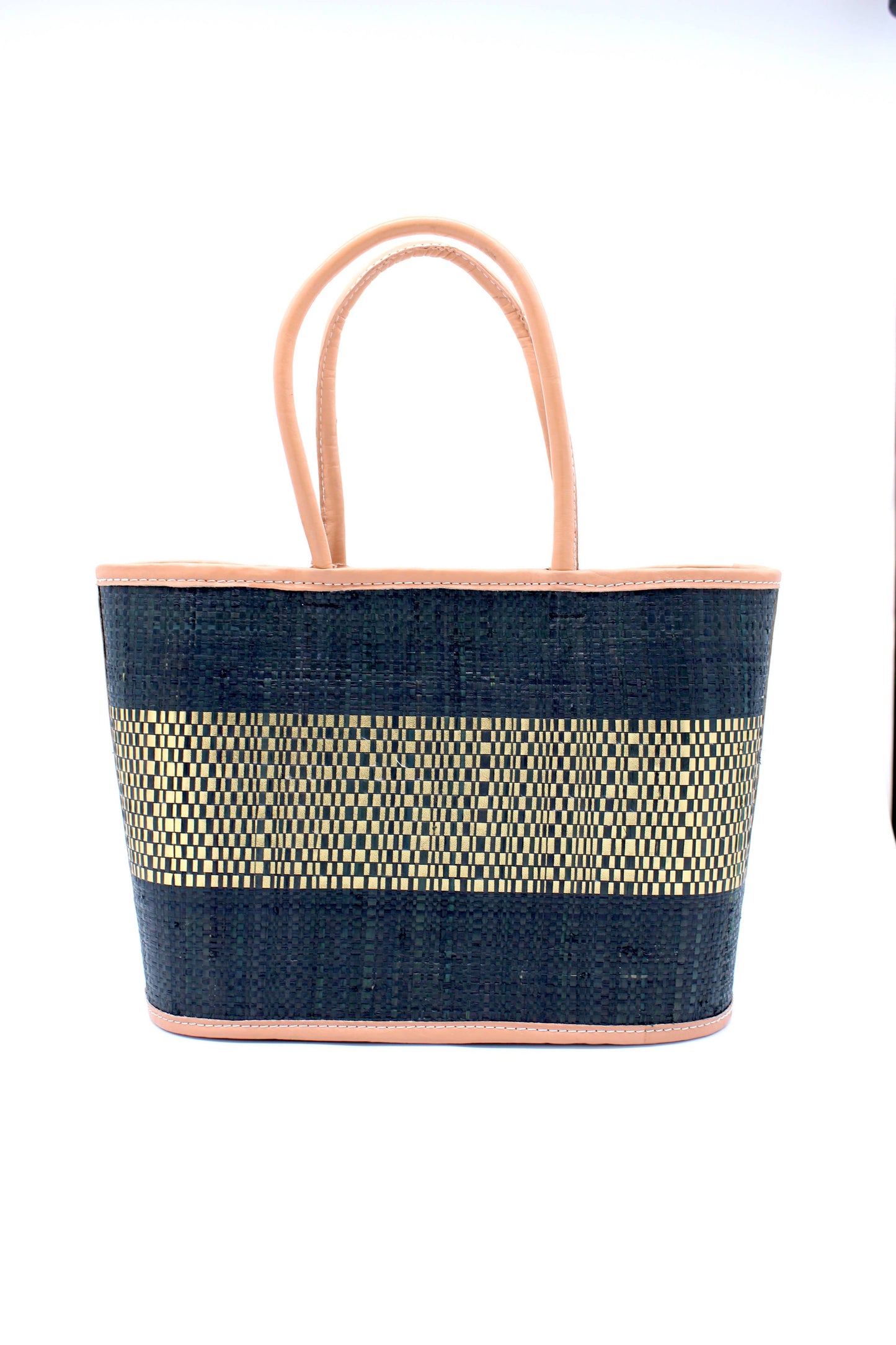 Small Straw Tote Handbag with Metallic Detail; Designed In California, Made in Madagascar