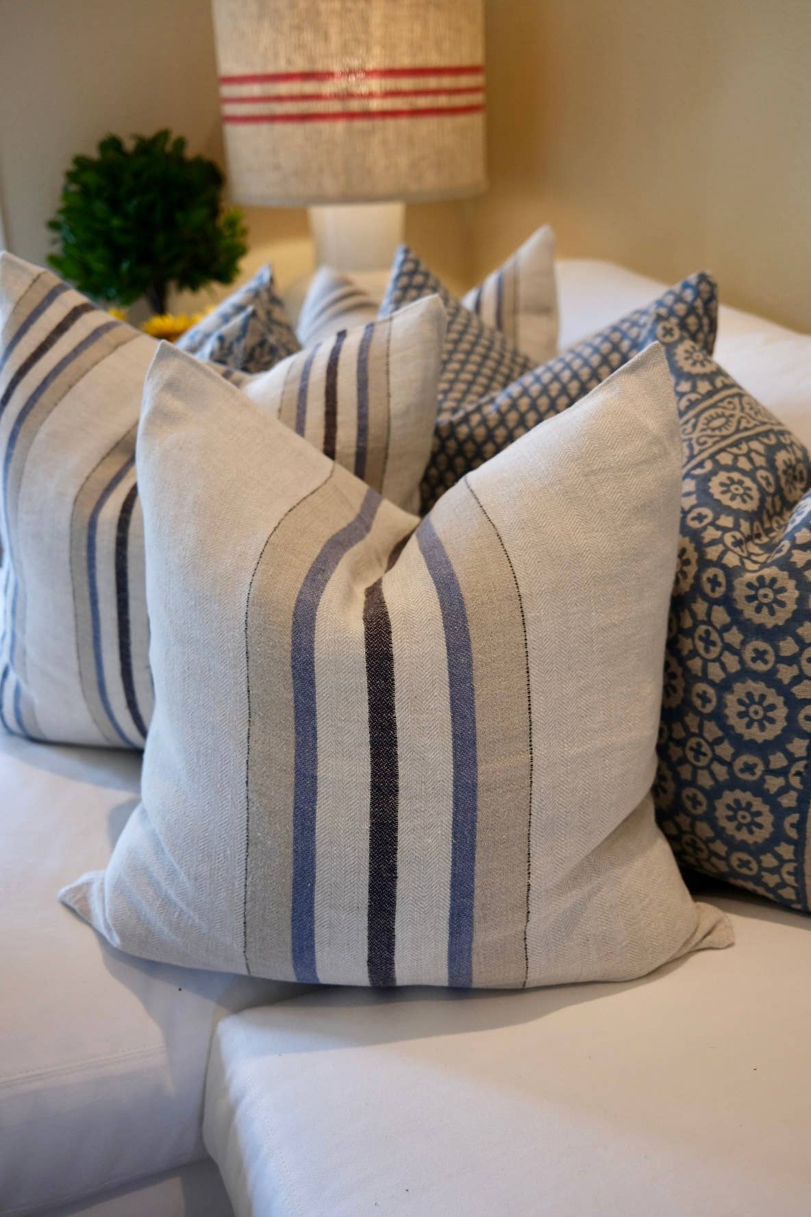 Bruges Wide Stripe Cushion Cover Natural and Blue 22"x 22"