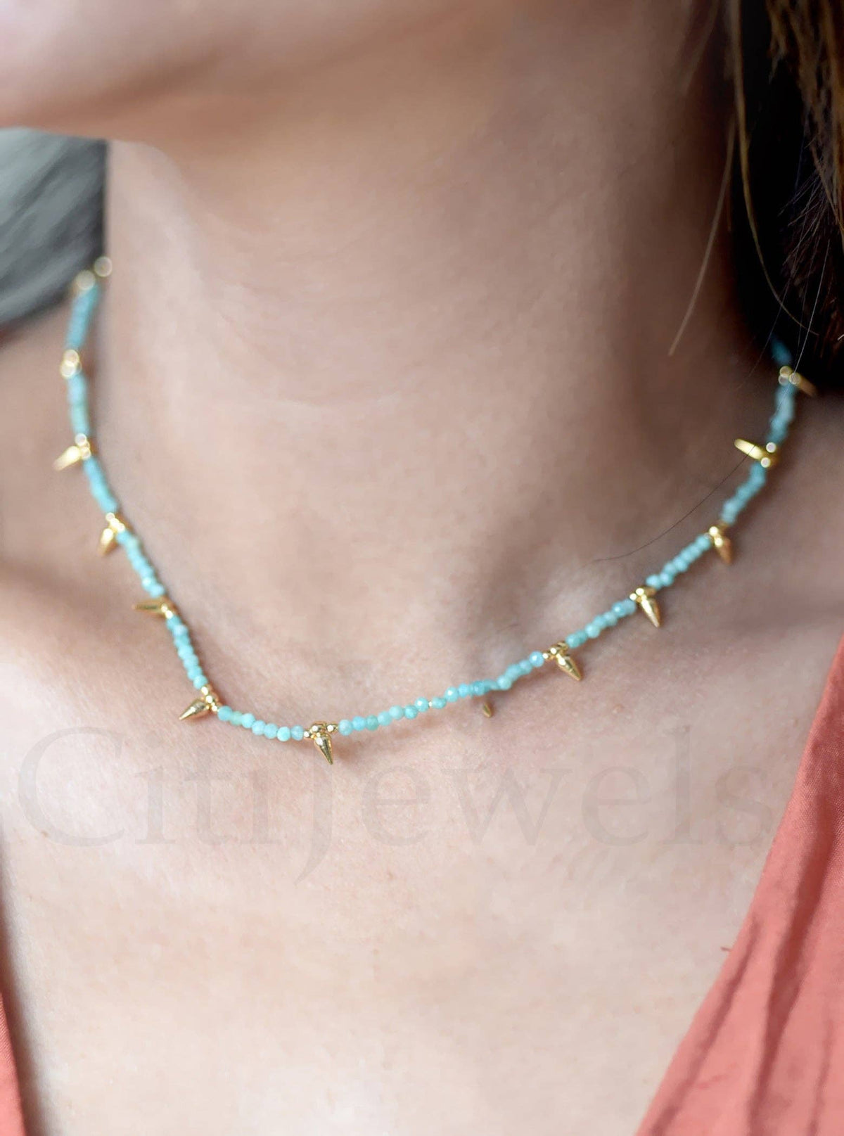 Beaded Spike Necklace, 15"- 17" Minimalist Natural Gemstones