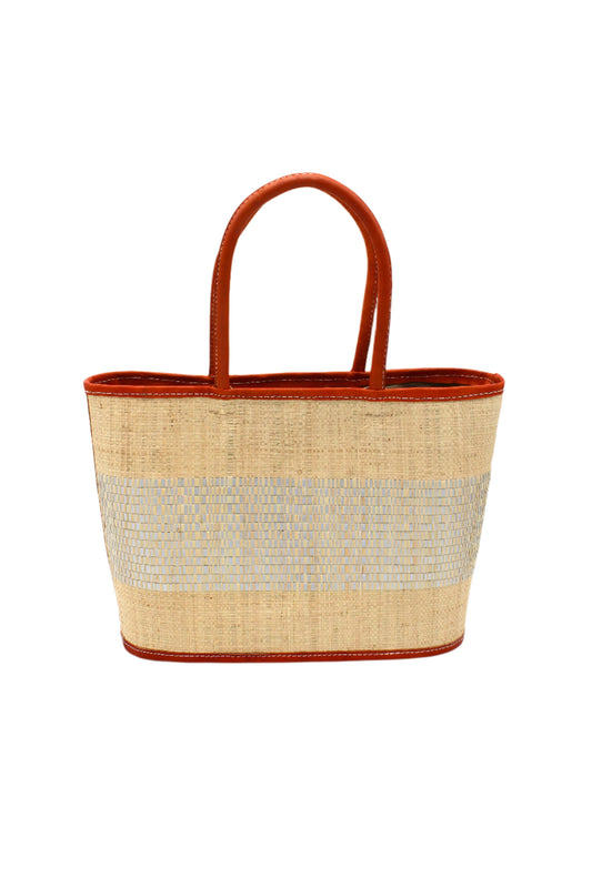 Straw Tote Handbag with Metallic Detailing: Natural, 2 Size Options