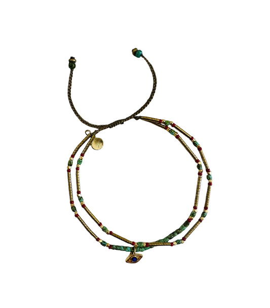 Braided Taupe Silk, Green Turquoise, Red Beads, Brass Details and Evil Eye Charm, Double Strand