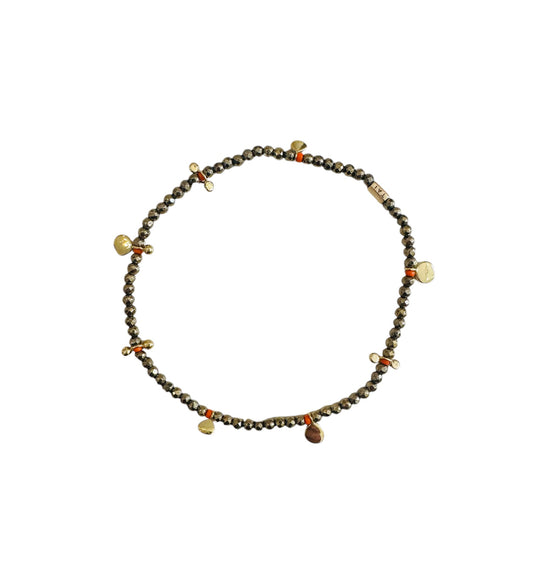 Pyrite 2-2.5 Elastic Band Orange Beads and Gold Disk Charms