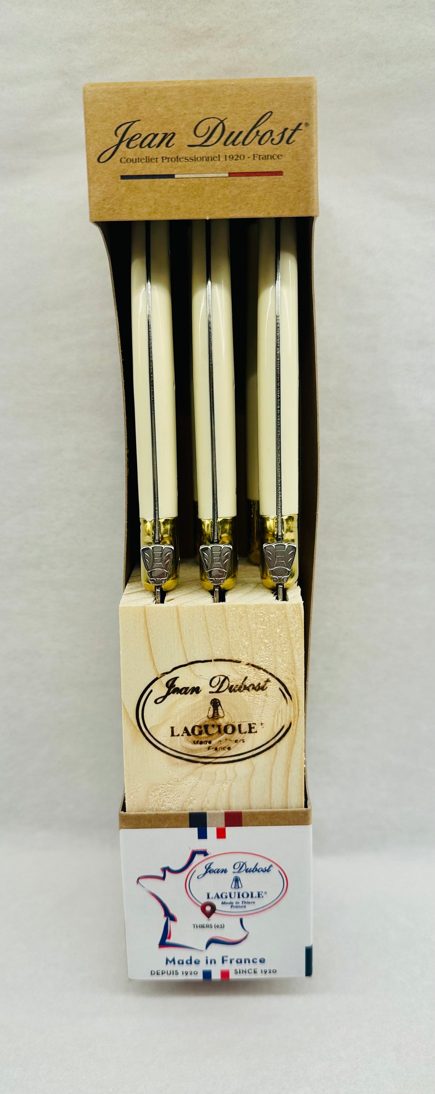 Jean Dubost 6 Ivory Steak Knives in Wood Block, Gold Tone Details