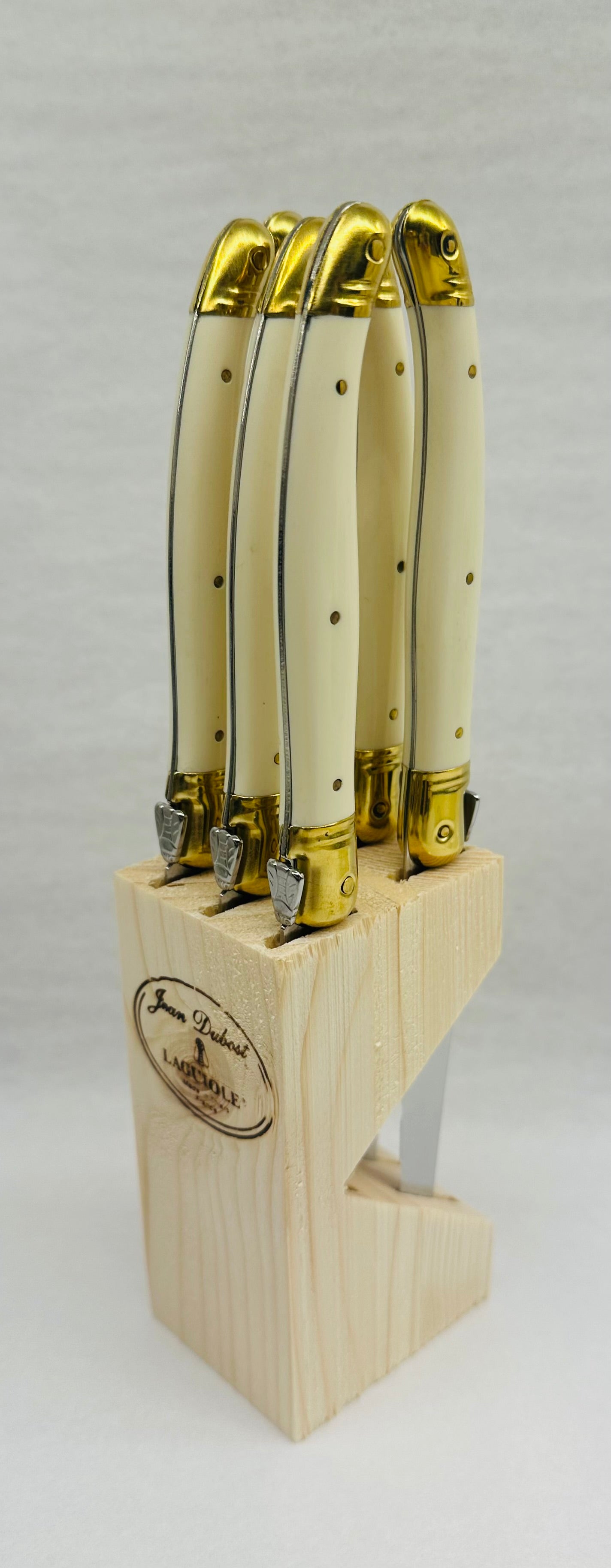 Jean Dubost 6 Ivory Steak Knives in Wood Block, Gold Tone Details