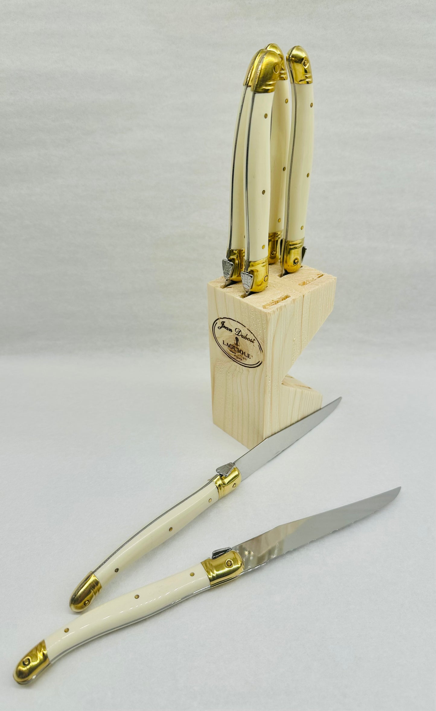 Jean Dubost 6 Ivory Steak Knives in Wood Block, Gold Tone Details