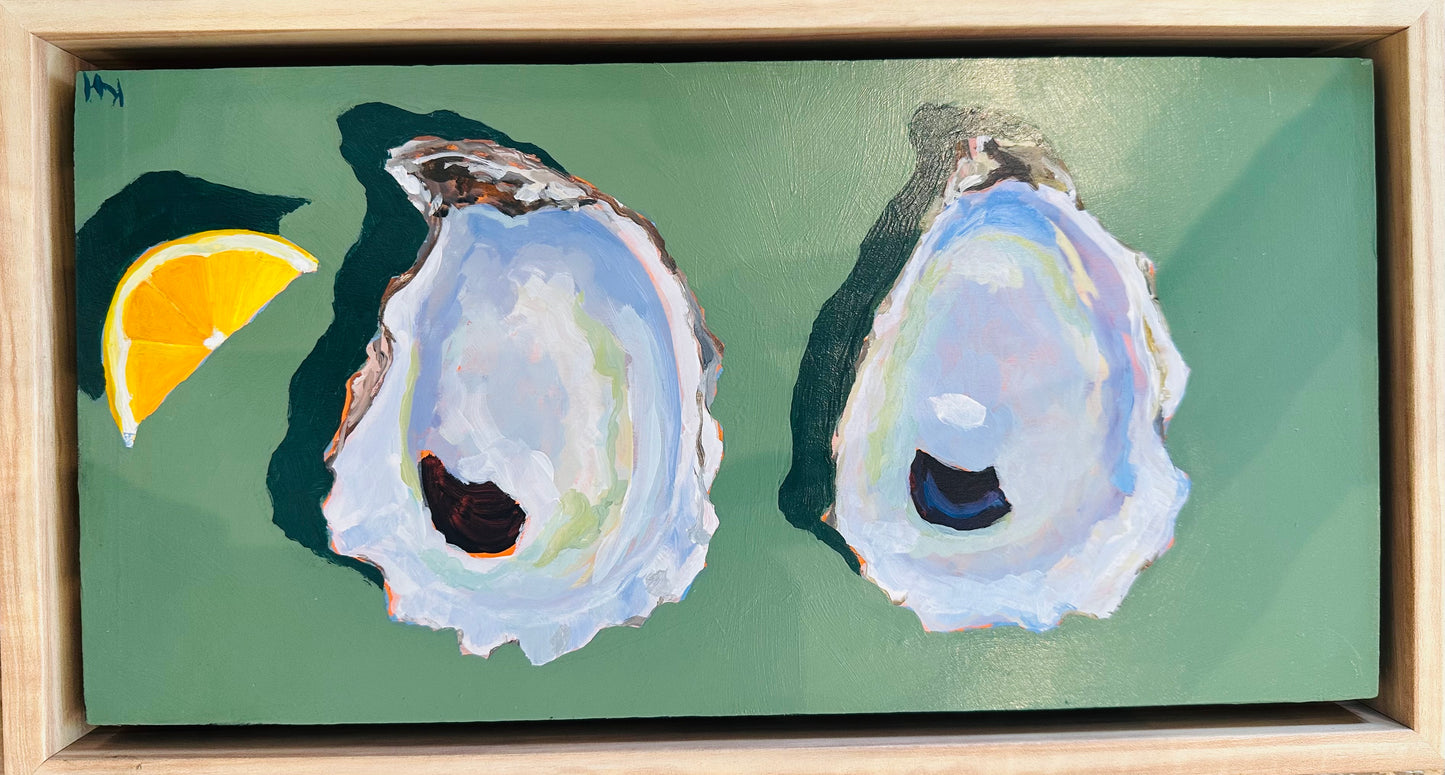 "Oyster Duo"  Green Oil Painting by Local Artist Karen Houston - 6" x 12"