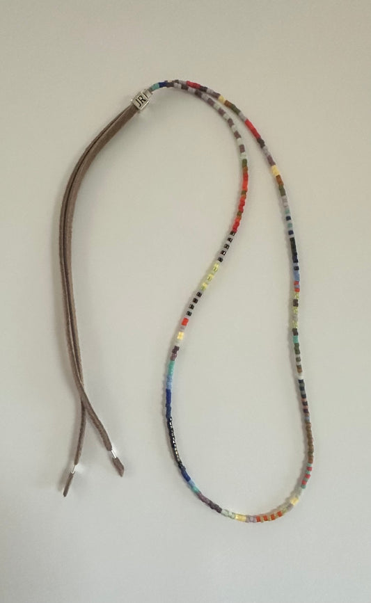 Bead Necklace with Leather Ties, Adjustable, Hand Made in California