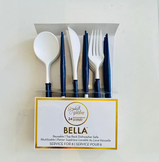 Flatware Bella 24 Piece Resuable / Disposable, Navy and White