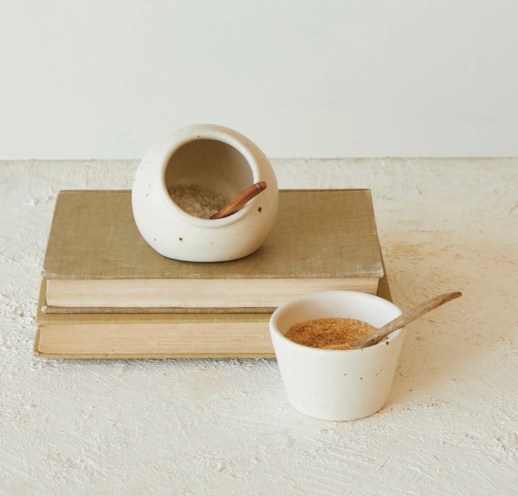 Salt Cellar Cream Speckle Stoneware with Wood Spoon