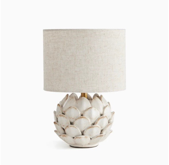 Small Artichoke Lamp White, Ceramic Base & Fabric Linen Shade