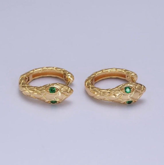 Snake Head Emerald Green Zirconia Eye Hoops-Snake Cz Earring