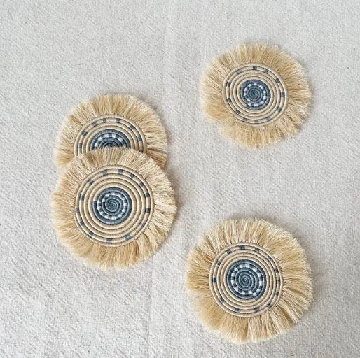 Roka Fringe Coaster - Natural Tan, Blue and White