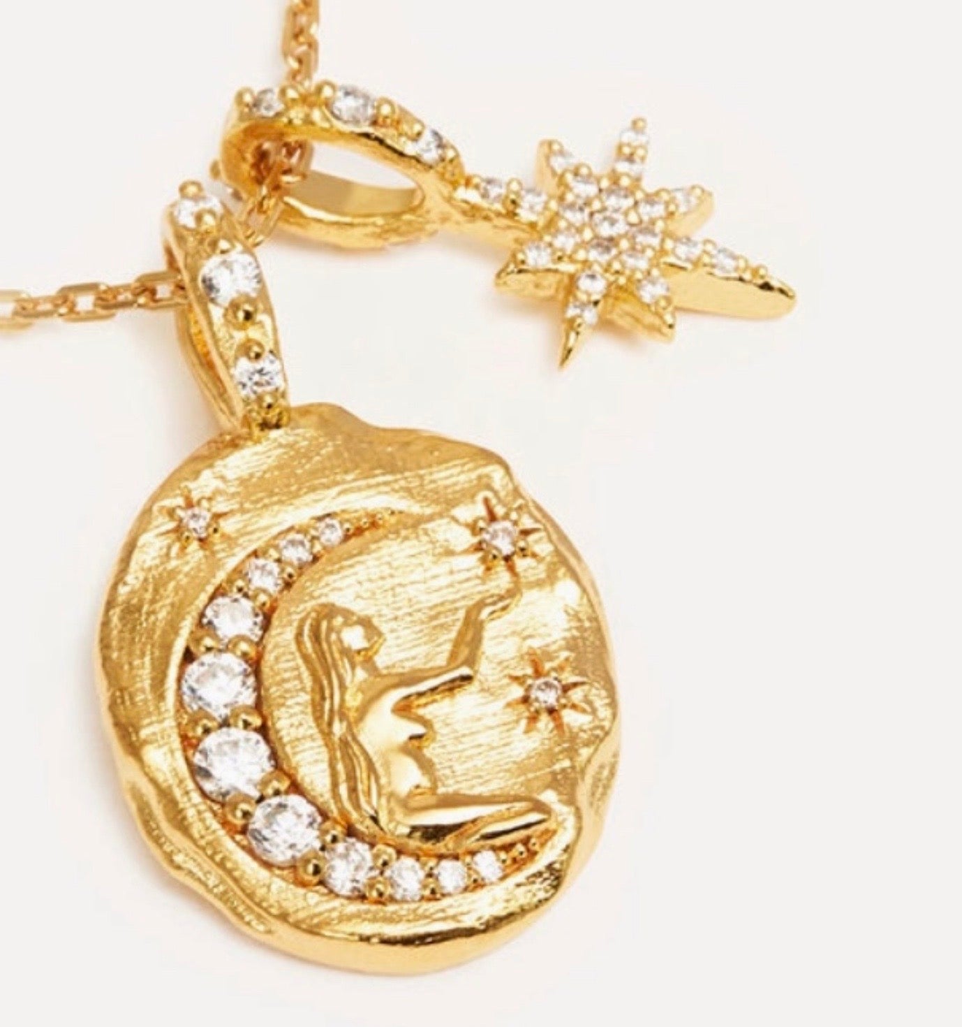 Luna Moon Goddess and Star Talisman Necklace - 14k Gold Plated