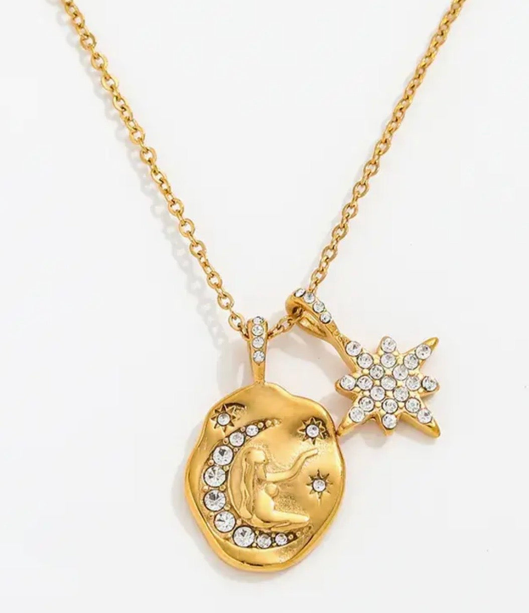 Luna Moon Goddess and Star Talisman Necklace - 14k Gold Plated