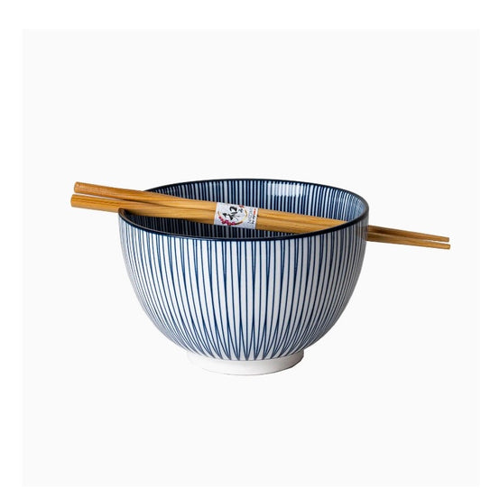 Tokusa Lines Blue and White Chopstick "Ramen" Bowl