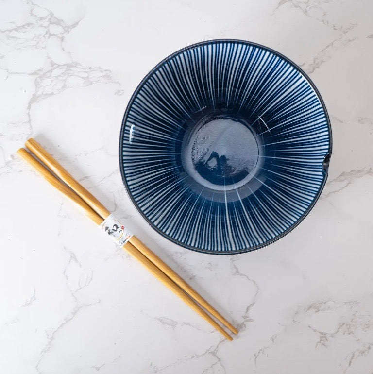 Tokusa Lines Blue and White Chopstick "Ramen" Bowl