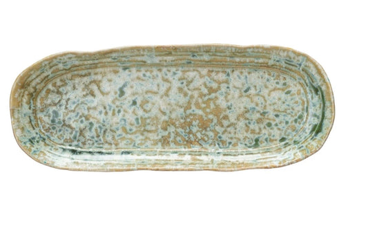 Oval Green Blue Serving Plate, Stoneware, Reactive Glaze, 12.75"