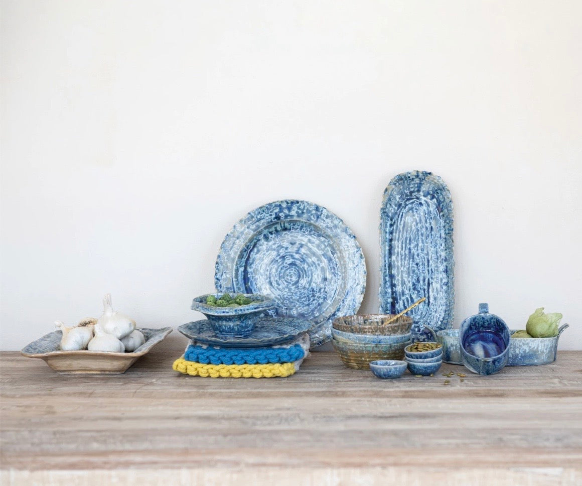 Blue Serving Dish , Blue Stoneware, Reactive Crackle Glaze